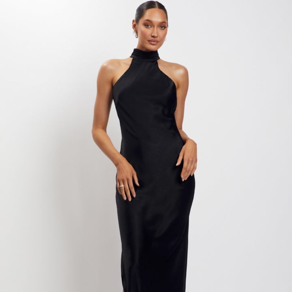 Meshki CLAIRE Satin Drape Back Maxi Dress with Split - Black